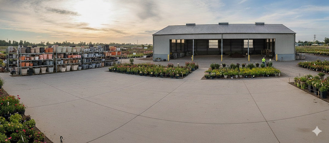 Wide-angle view of a large garden center with an expansive paved area for receiving and displaying planters, and a warehouse.