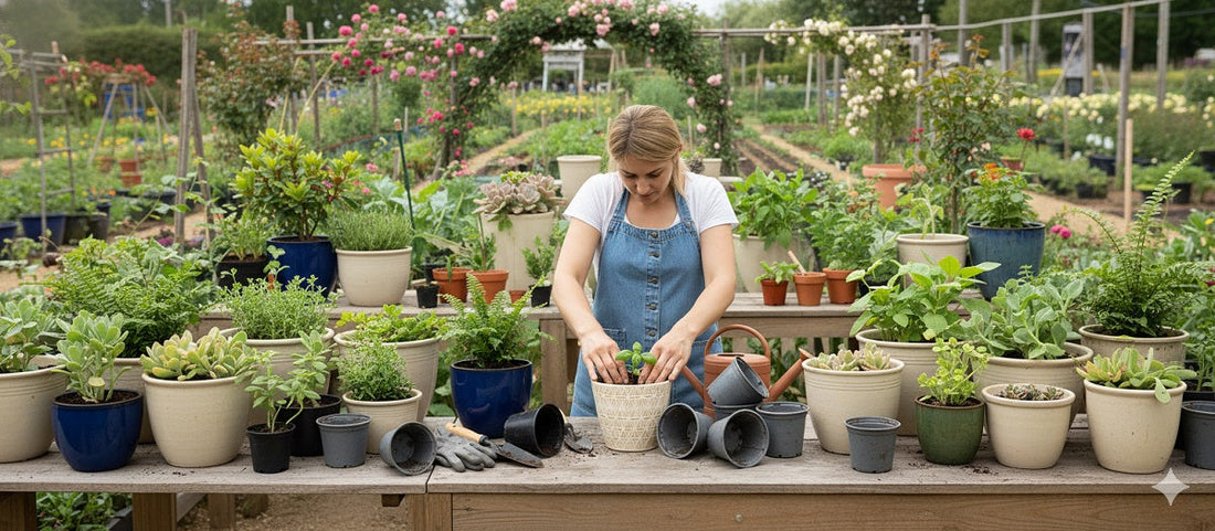 A person gardening, surrounded by a large collection of potted plants and empty plastic pots.