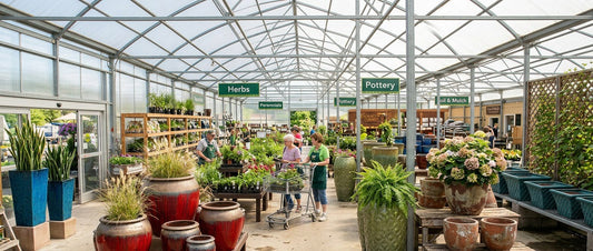 Garden center with wholesale round and square planters displayed in varied sizes