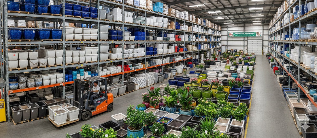 A forklift moves ceramic planters in a vast warehouse filled with shelves of various pots and potted plants.