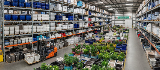 A forklift moves ceramic planters in a vast warehouse filled with shelves of various pots and potted plants.