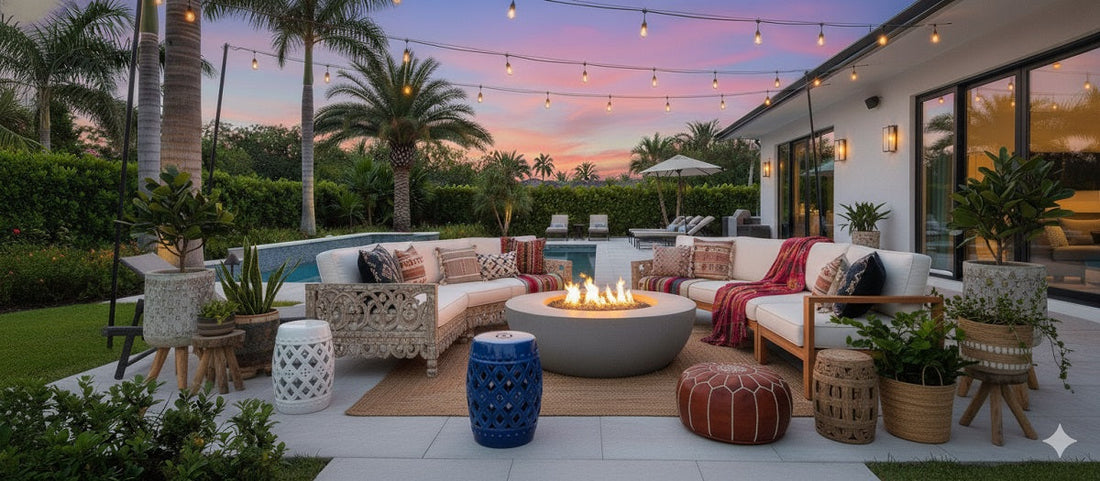 A bohemian outdoor entertaining space with wooden sofas, patterned cushions, ceramic garden stools, string lights, and a fire pit.
