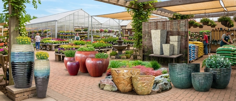 Wholesale tall and standard ceramic planters displayed in garden store
