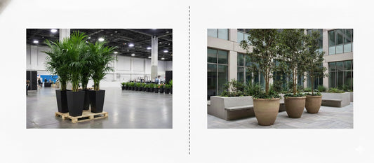Fiberglass planters on pallets in a large exhibition hall and ceramic planters integrated into urban landscaping 