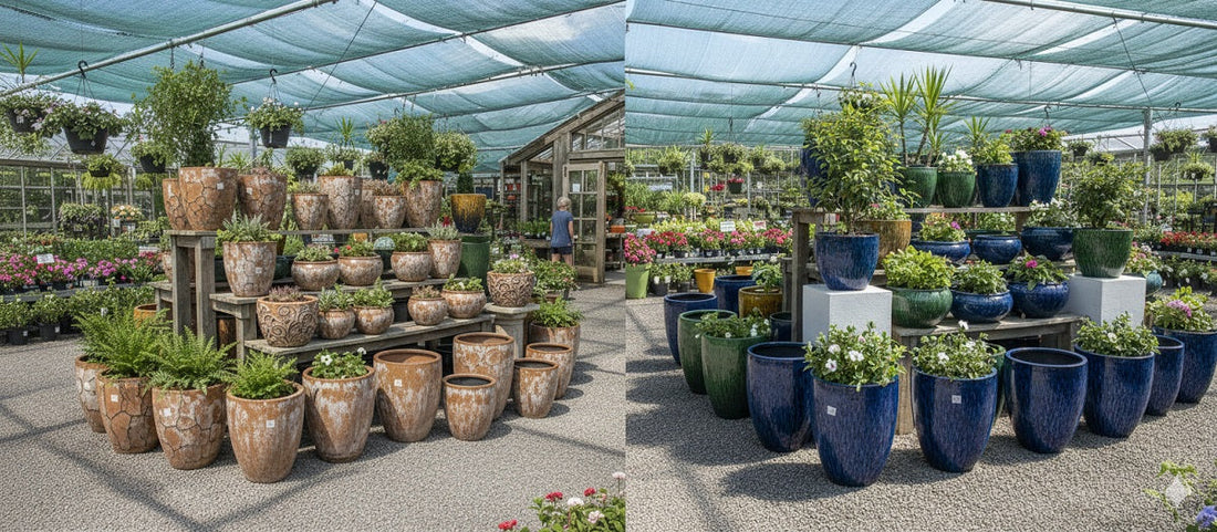 Garden center with two display areas: one with rustic, weathered ceramic planters, and another with vibrant, glossy ceramic planters, all filled with plants.
