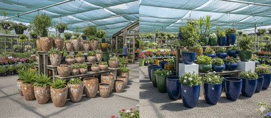 Garden center with two display areas: one with rustic, weathered ceramic planters, and another with vibrant, glossy ceramic planters, all filled with plants.