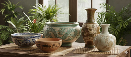 Vietnamese ceramic planters and bowls on a wooden table, surrounded by lush green plants