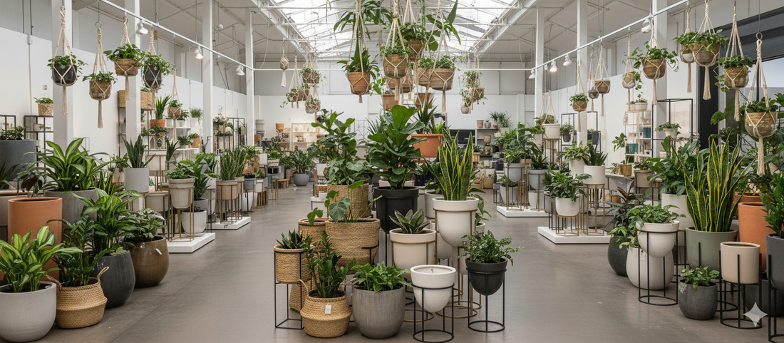 A plant nursery filled with diverse indoor planter designs, featuring hanging plants, potted plants on stands, and various styles.