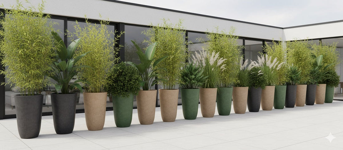 Tall ceramic planters with a variety of tall plants create a lush privacy screen on a modern patio.