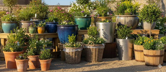 A variety of planters made from terracotta, glazed ceramic, metal, and woven baskets.