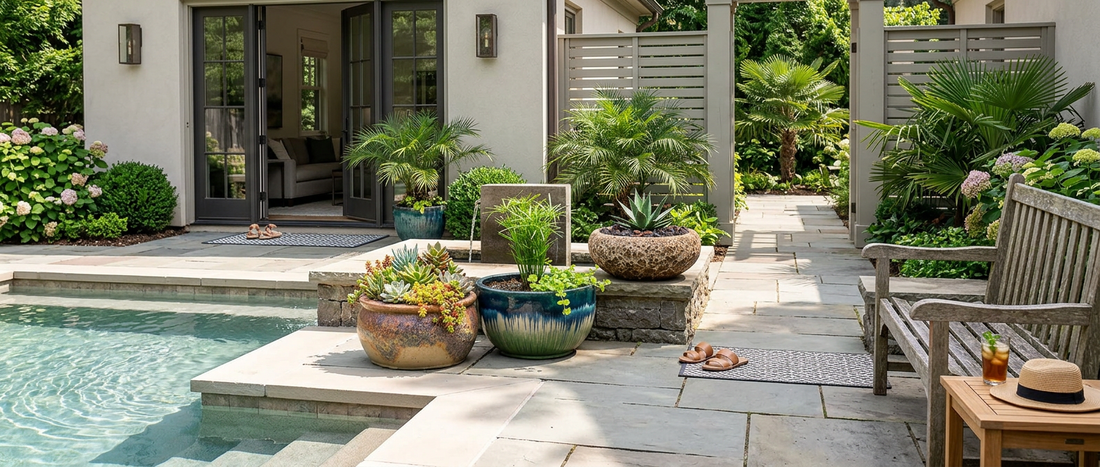 Pool area with low wide ceramic planters