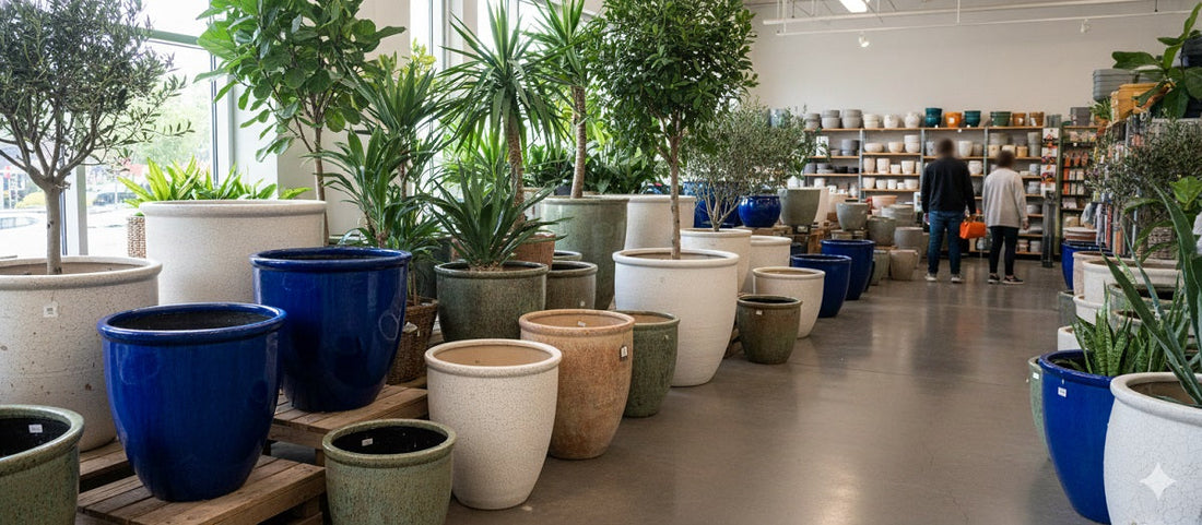 Large ceramic planters in various sizes, colors, and textures displayed in a spacious retail store.