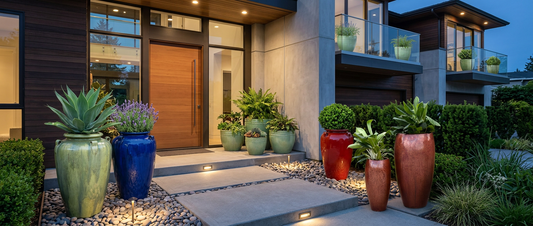modern luxury residential home, featuring a mix of large ceramic planters