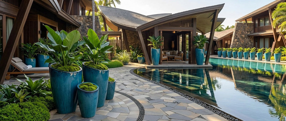 Slanted rim tall planter used in a resort