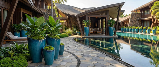 Slanted rim tall planter used in a resort