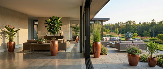 modern home with matching ceramic planters indoors and out