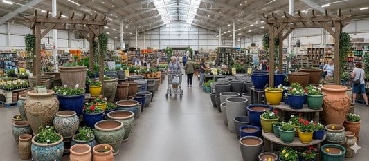 A vast garden center with numerous decorative planters of various sizes and colors, containing vibrant flowers and plants.