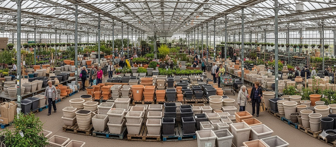 Wholesale garden pots and planters displayed in a bustling garden center with many shoppers.