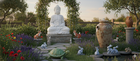 Serene garden with a large Buddha statue, a rustic fountain jar, and ceramic animal figures like foxes, rabbits, and a turtle.