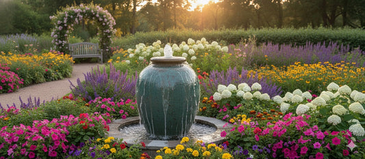 A ceramic jar fountain in a vibrant garden with colorful flowering plants and a sunlit background.