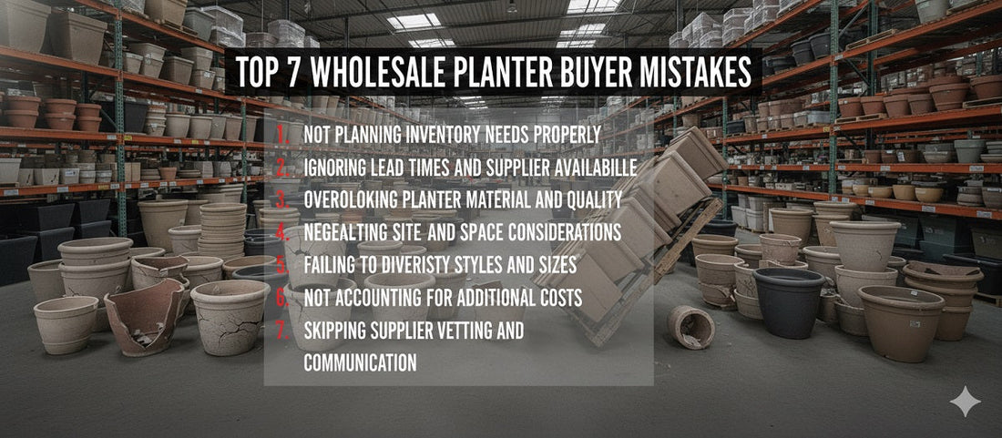 A list of "Top 7 Wholesale Planter Buyer Mistakes" overlays an image of a warehouse aisle filled with planters.