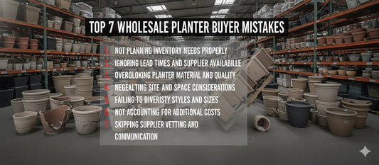 A list of "Top 7 Wholesale Planter Buyer Mistakes" overlays an image of a warehouse aisle filled with planters.
