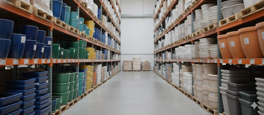 Wholesale warehouse aisle filled with tall racks of large ceramic planters in various colors like blue, green, yellow, and white.