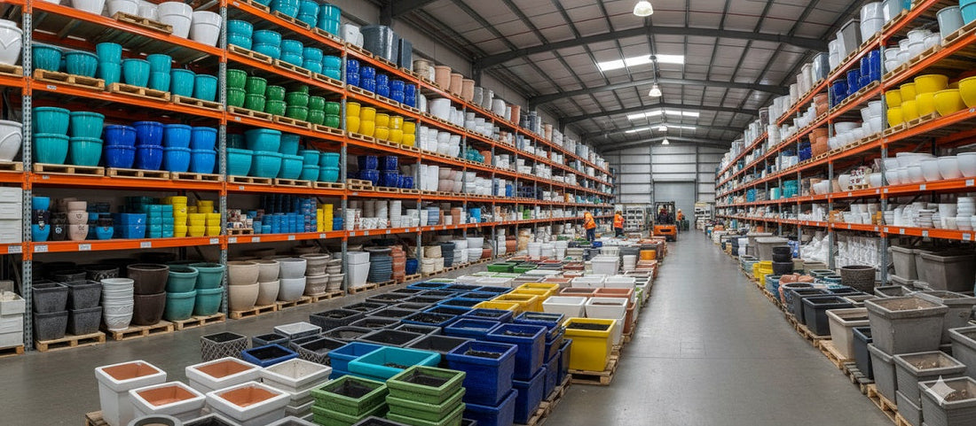 A vast warehouse with shelves stacked high with colorful ceramic pots, ready for retail.