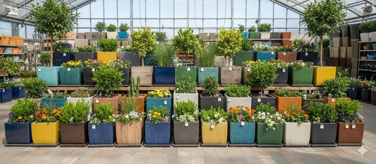 A garden center display of colorful square planters in various styles, showcasing symmetrical and modular planting designs.