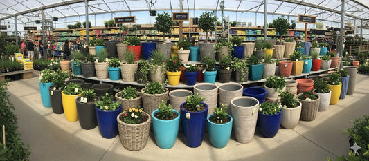 Different colors and sizes of tapered planters displayed in a garden center