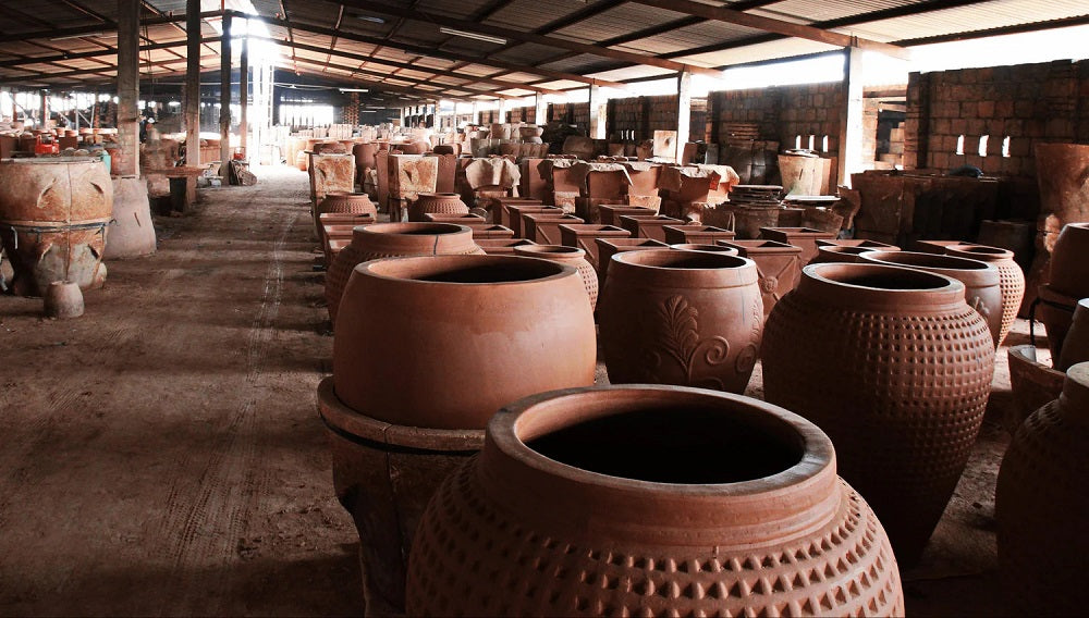 Vietnamese pottery factory with various pots