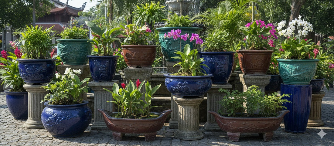 Vietnamese glazed ceramic plant pots and planters in various sizes and colors, showcasing intricate designs.