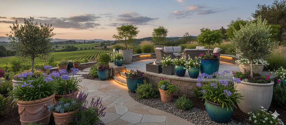 A beautiful patio with potted plants and a view of a vineyard.