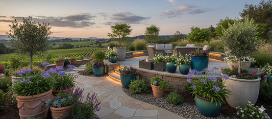 A beautiful patio with potted plants and a view of a vineyard.