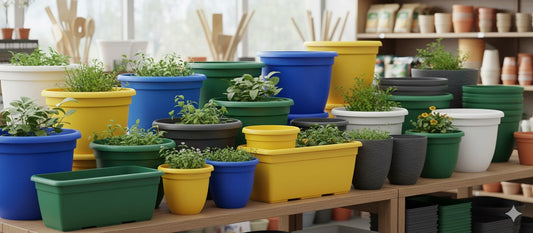 A display of colorful plastic planters in various sizes and shapes, filled with green plants and small flowers.