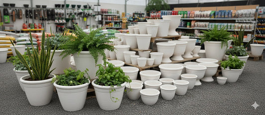 A garden center display with various white ceramic planters, some with plants, some empty.