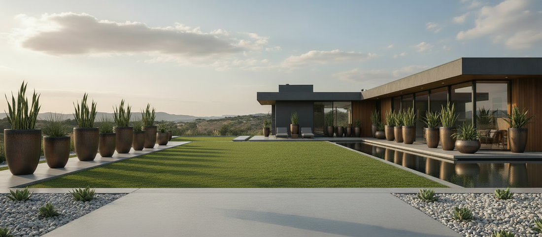 Modern landscape design with tall ceramic planters