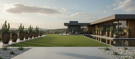 Modern landscape design with tall ceramic planters