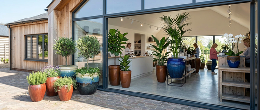 Commercial space styled with timeless round ceramic planters
