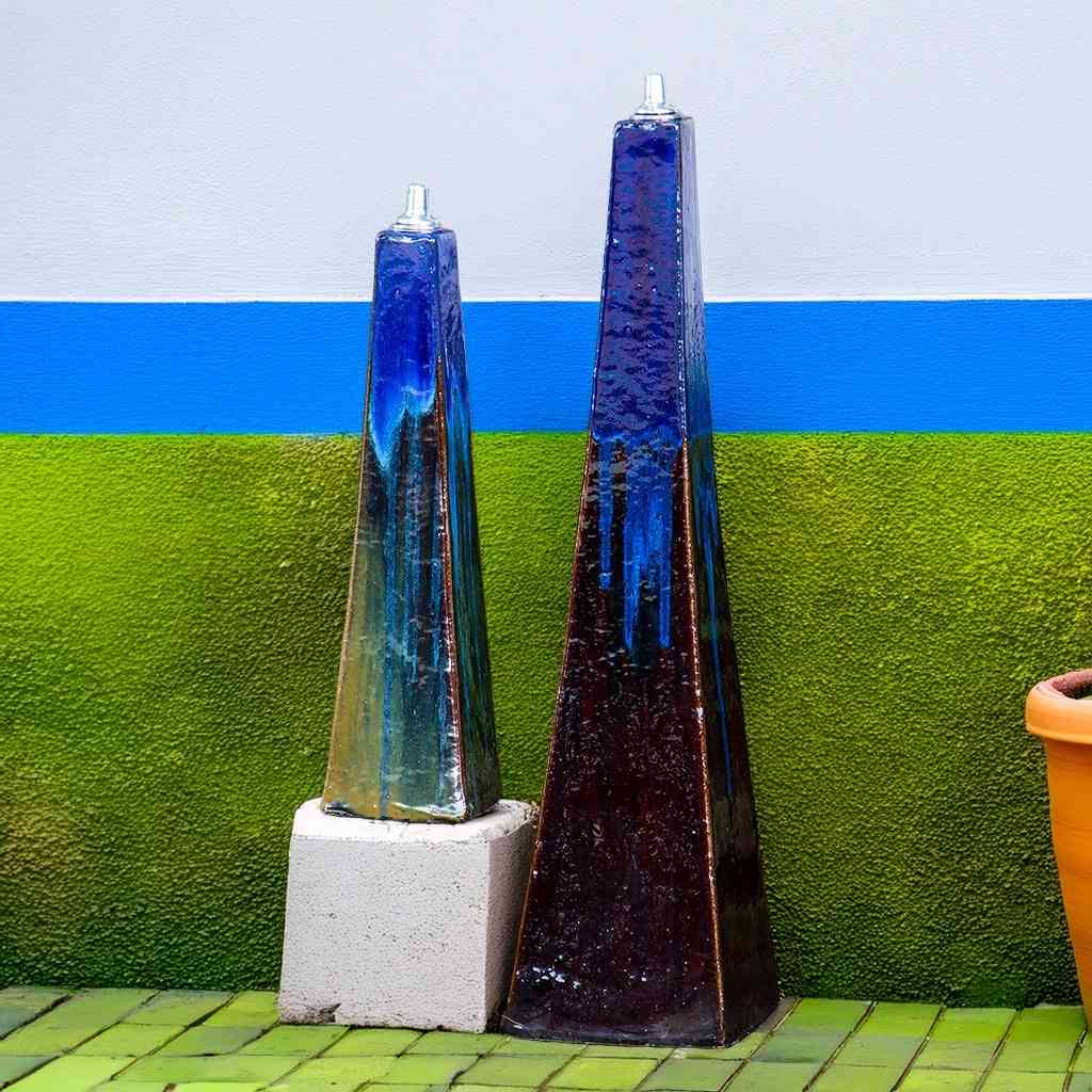 Two-toned inverted-pyramid ceramic oil lamp with a glazed finish, featuring rich blue and brown hues for a striking, artistic look