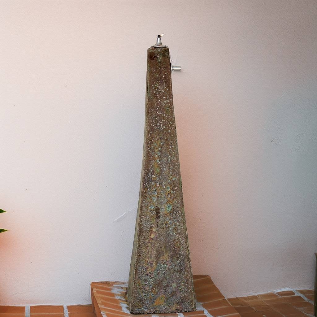 Inverted-pyramid ceramic oil lamp featuring dynamic shades of gray and brown with darker patches for a bold, earthy look