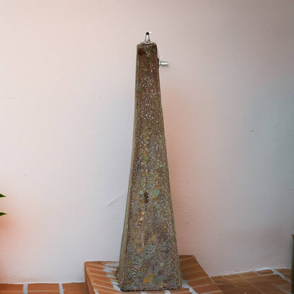 Inverted-pyramid ceramic oil lamp featuring dynamic shades of gray and brown with darker patches for a bold, earthy look