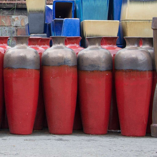 Wholesale Tall bottle-shaped floor vase with a glossy red body and a muted gray neck and rim for a striking, modern contrast