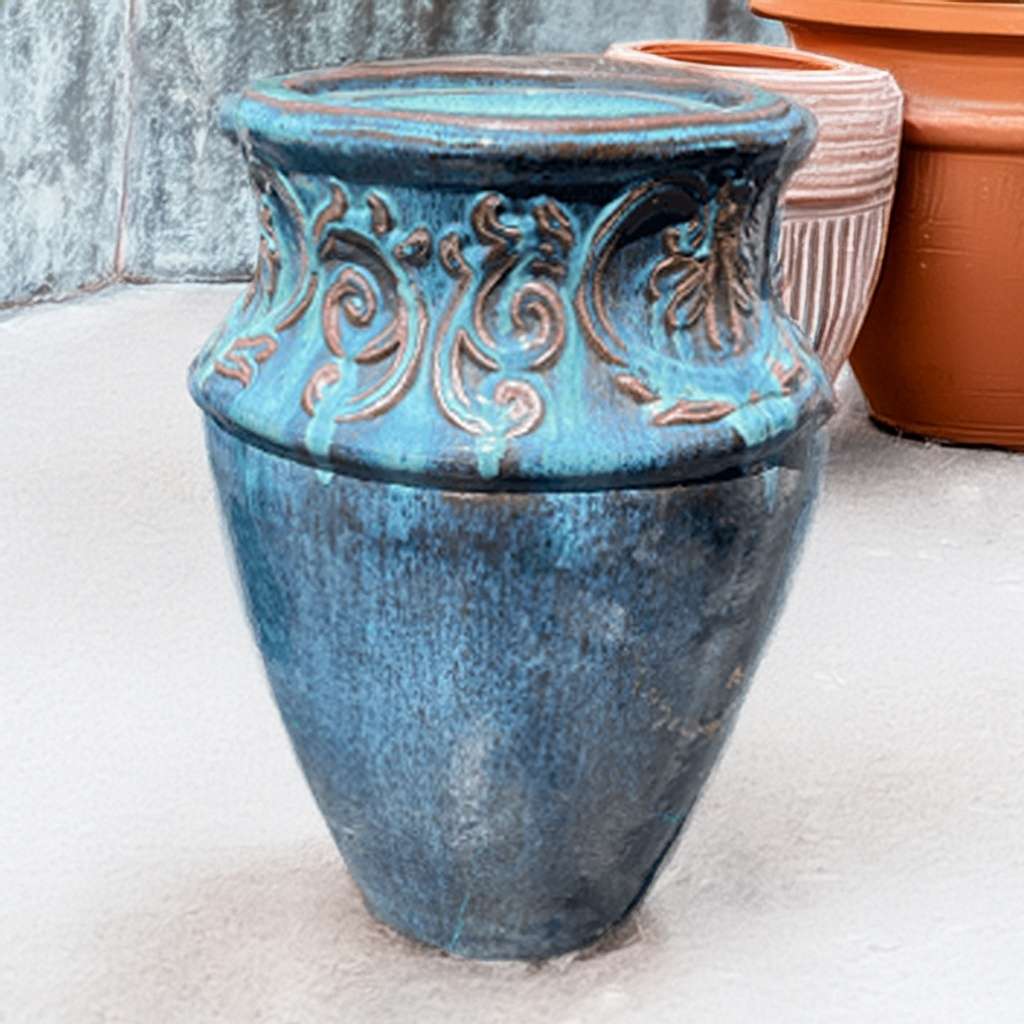Artisan ceramic fountain jar in blue with black accents