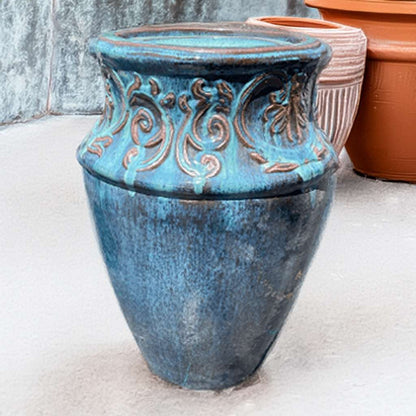 Artisan ceramic fountain jar in blue with black accents