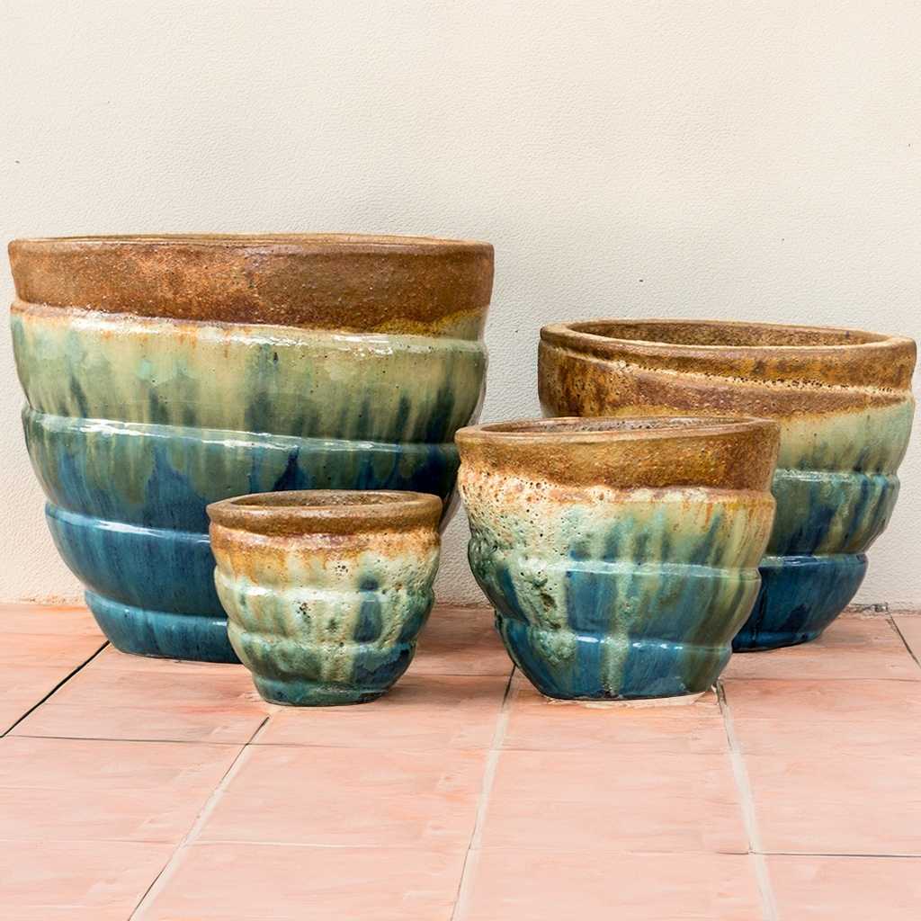 Wholesale Triple color rounded spiral planters in blue, green, and brown/beige with glazed finish