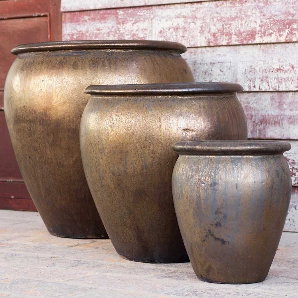 brown plant pots Wholesale Round Drip-Glazed Planter (Set of 3)