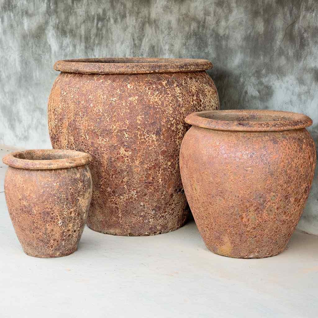 brown plant pots Wholesale Round Drip-Glazed Planter (Set of 3)