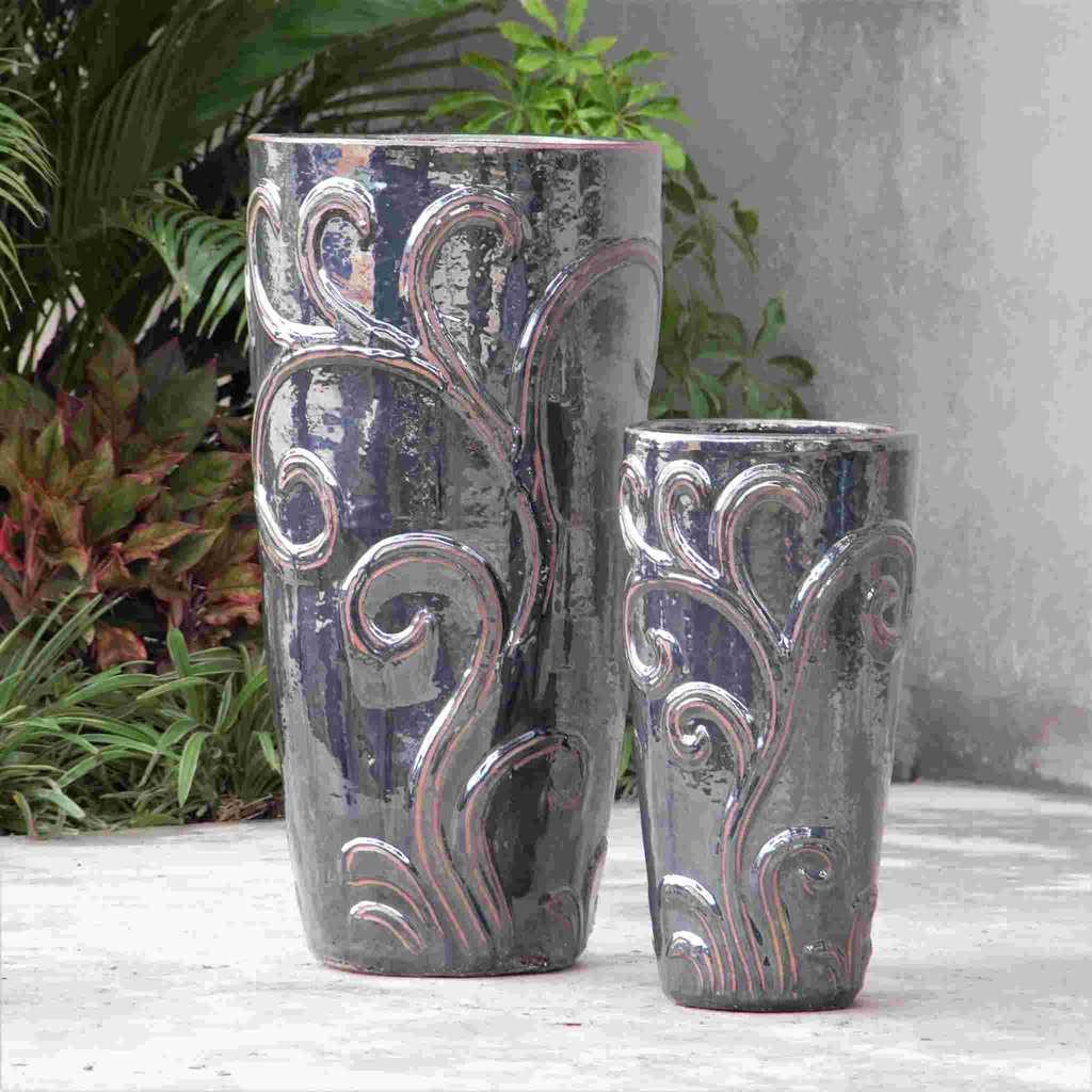Metallic grey tapered planter pot with embossed swirl pattern