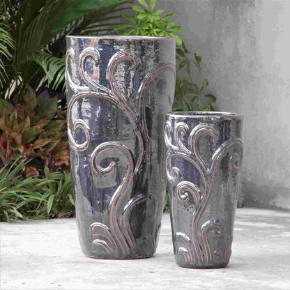 Metallic grey tapered planter pot with embossed swirl pattern